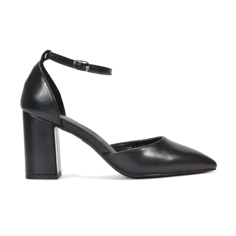 Jocelyn Block High Heel Ankle Strap Pointed Toe Court Shoes in Black Synthetic Leather made by XYlondon