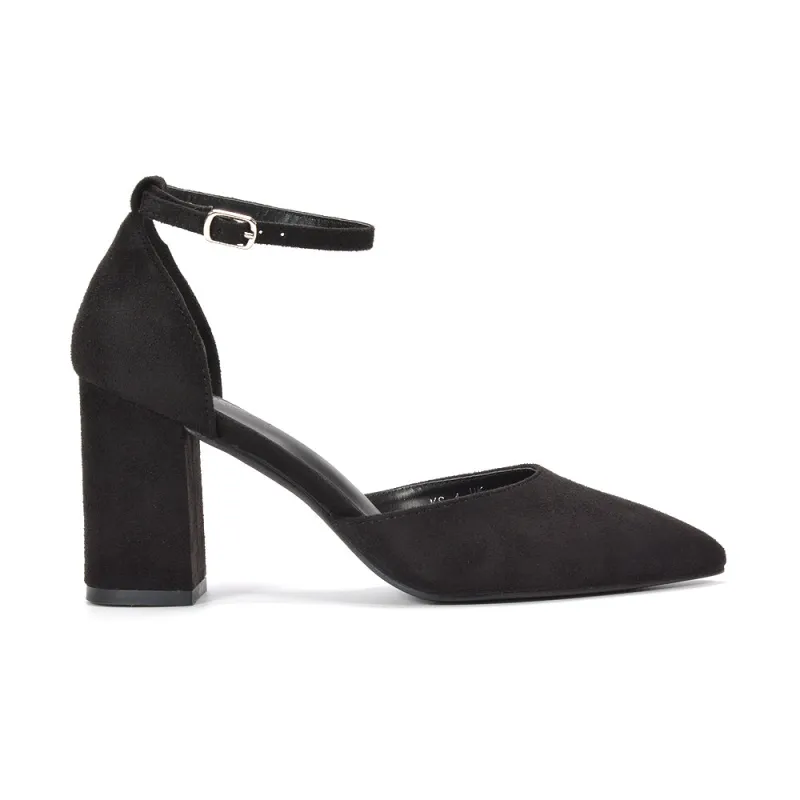 Jocelyn Block High Heel Ankle Strap Pointed Toe Court Shoes in Black Faux Suede made by XYlondon