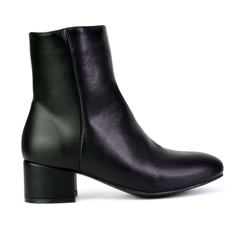 Alyssa Zip Up Chelsea Low Block Heel Ankle Boots in Black Synthetic Leather made by XYlondon