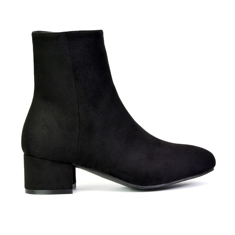 Alyssa Zip Up Chelsea Low Block Heel Ankle Boots in Black Faux Suede made by XYlondon