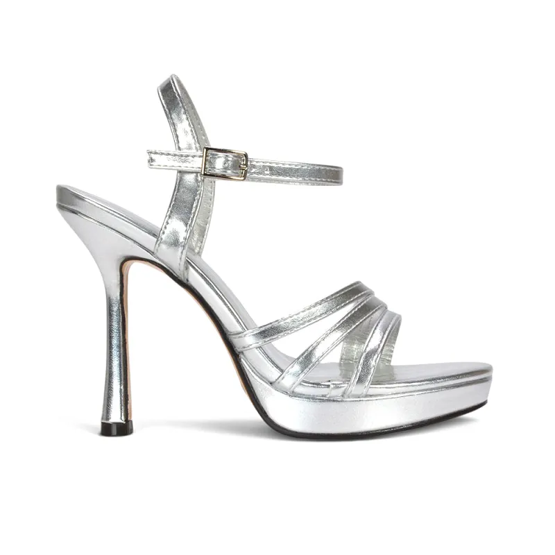 Makenna Ankle Strap Platform High Heel Stilettos in Silver Metallic made by XYlondon