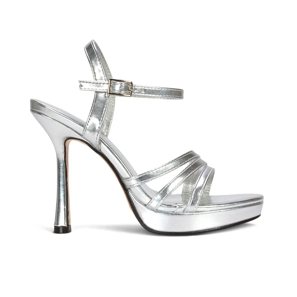 Makenna Ankle Strap Platform High Heel Stilettos in Silver Metallic sold by XYlondon