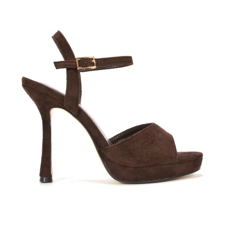 Jaslyn Stiletto Strappy Peep Toe Platform High Heels in Brown Faux Suede made by XYlondon