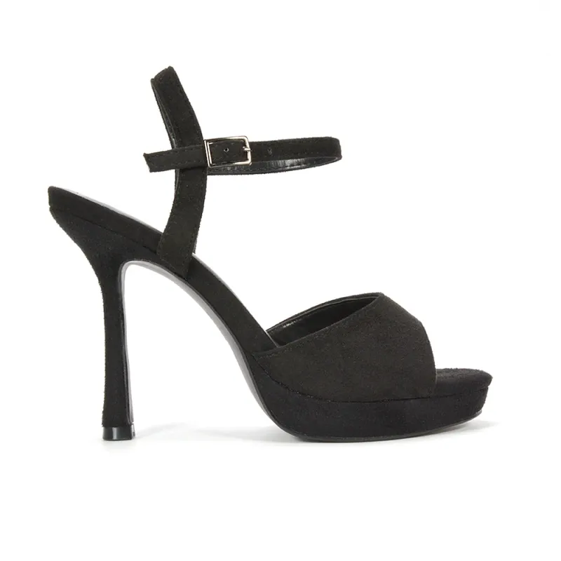 Jaslyn Stiletto Strappy Peep Toe Platform High Heels in Black Faux Suede made by XYlondon