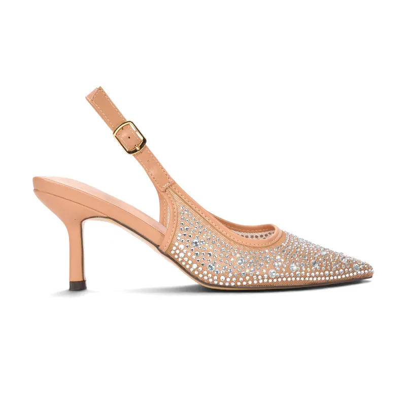 Alara Embellished Crystal Rhinestone Pointed Toe Slingback Sparkly Heels in Nude made by XYlondon