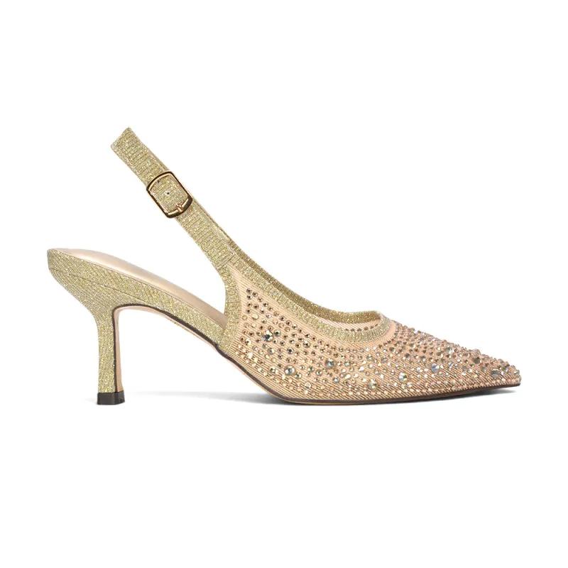 Alara Embellished Crystal Rhinestone Pointed Toe Slingback Sparkly Heels in Gold made by XYlondon