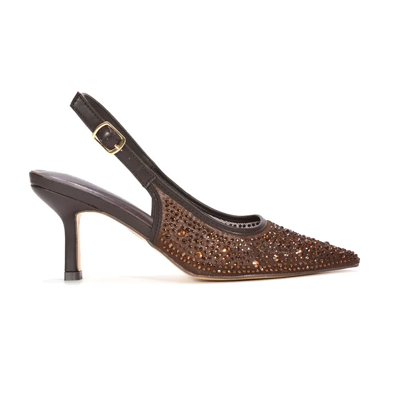 Alara Embellished Crystal Rhinestone Pointed Toe Slingback Sparkly Heels in Brown made by XYlondon