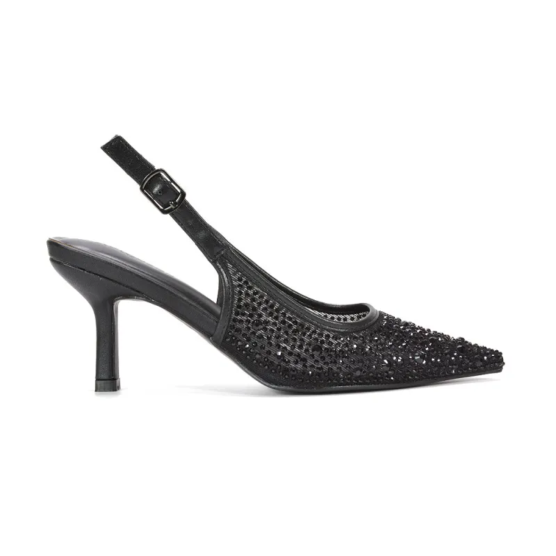 Alara Embellished Crystal Rhinestone Pointed Toe Slingback Sparkly Heels in Black made by XYlondon