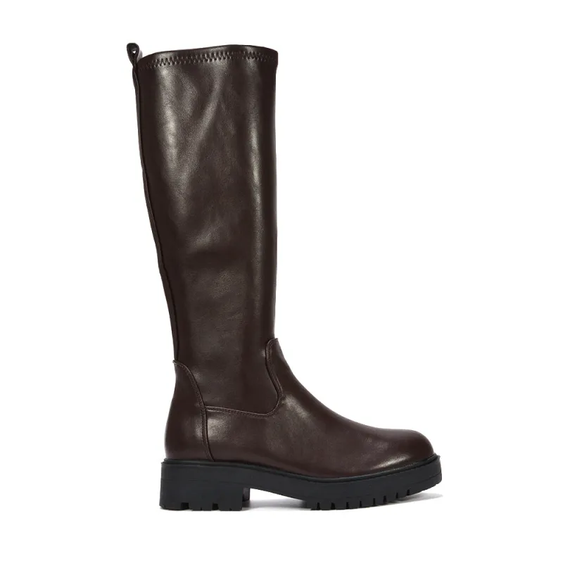 Lyla Flat Knee High Chunky Biker Boots in Brown Synthetic Leather made by XYlondon