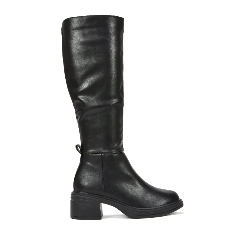 Tulip Chunky Block Heel Knee High Biker Boots in Black Synthetic Leather made by XYlondon