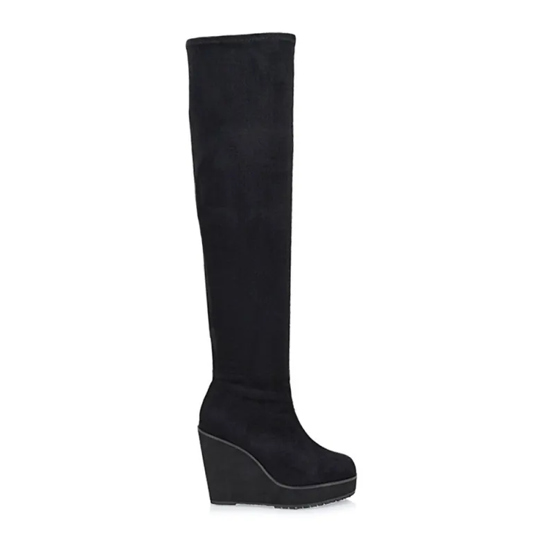Suki Wedge Heeled Platform Knee High Boots in Black Faux Suede made by XYlondon