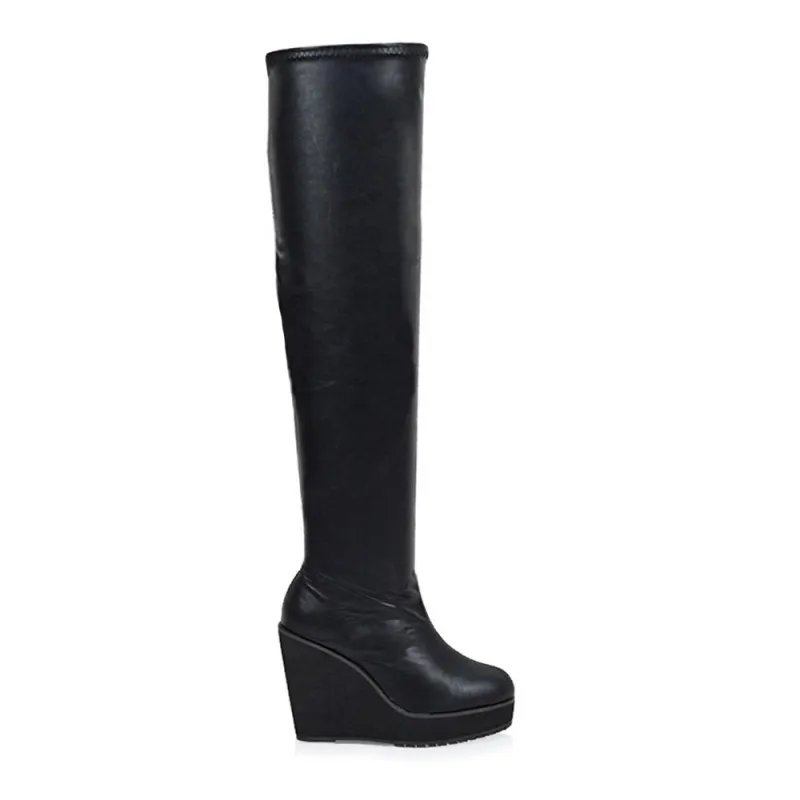 Suki Wedge Heeled Platform Knee High Boots in Black Synthetic Leather made by XYlondon