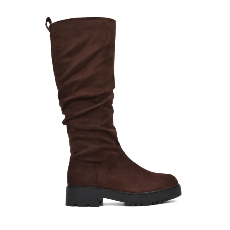 Elian Slouchy Ruched Flat Knee High Boots in Brown Faux Suede made by XYlondon