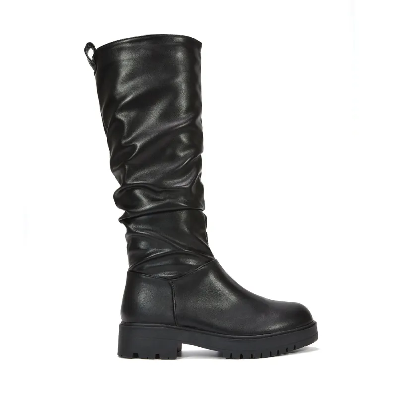 Elian Slouchy Ruched Flat Knee High Boots in Black Synthetic Leather made by XYlondon
