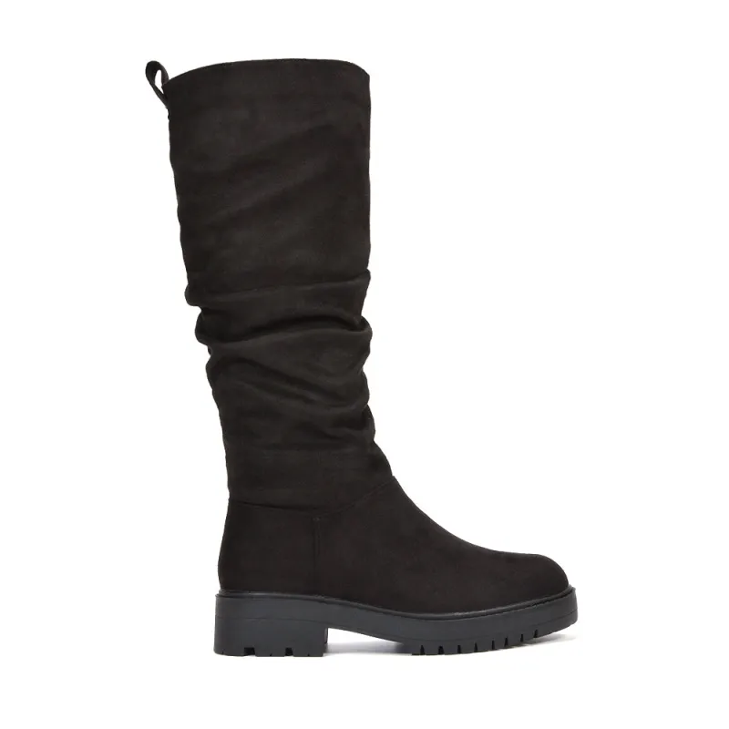 Elian Slouchy Ruched Flat Knee High Boots in Black Faux Suede made by XYlondon