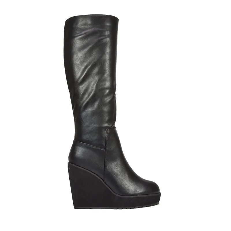 Theodora Platform Knee High Wedge Heeled Boots in Black Synthetic Leather made by XYlondon