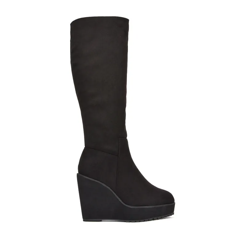 Theodora Platform Knee High Wedge Heeled Boots in Black Faux Suede made by XYlondon