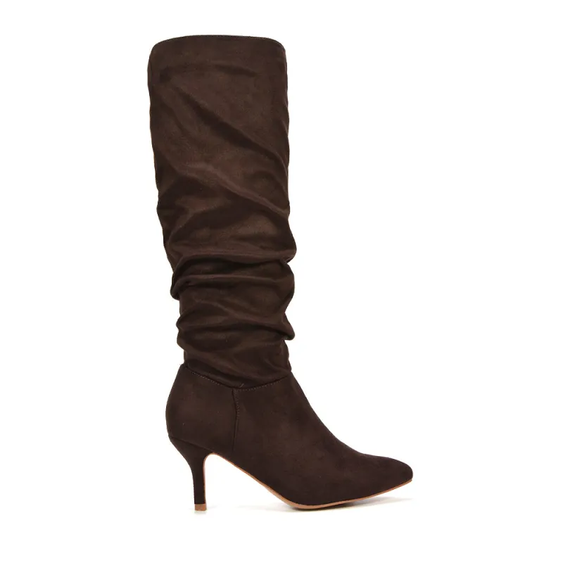 Sian Pointed Toe High Heel Knee High Ruched Stiletto Boots in Brown Faux Suede made by XYlondon