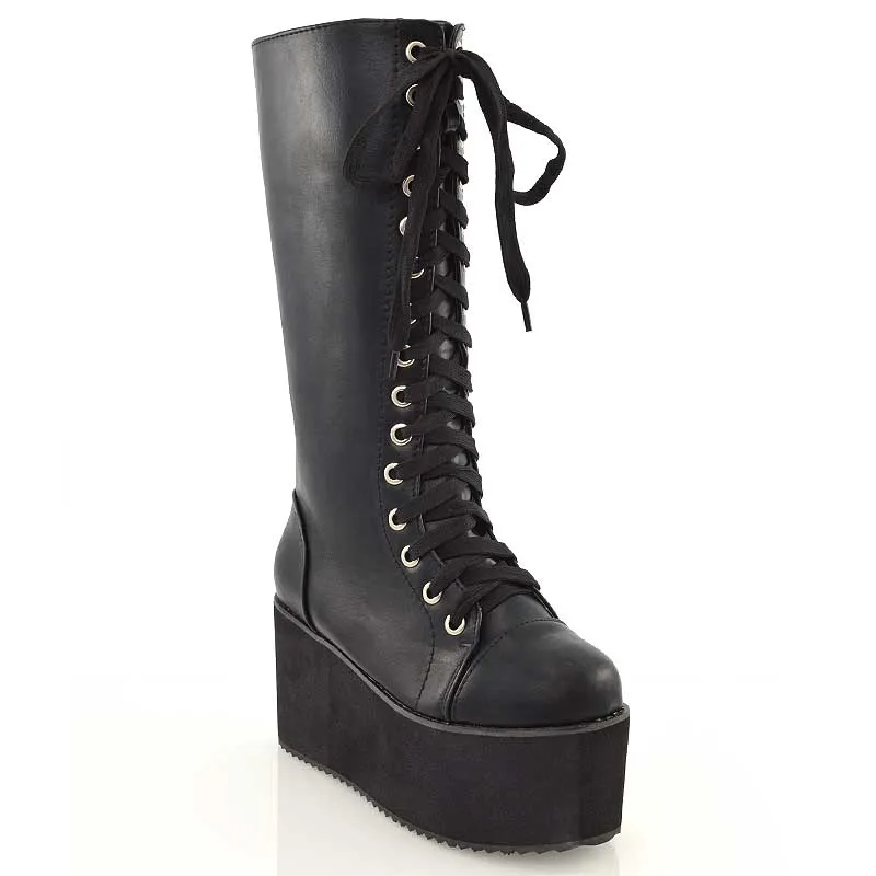 LIZ'S CHUNKY SOLE LACE UP KNEE HIGH BIKER WINTER PLATFORM BOOTS IN BLACK PU made by XYlondon