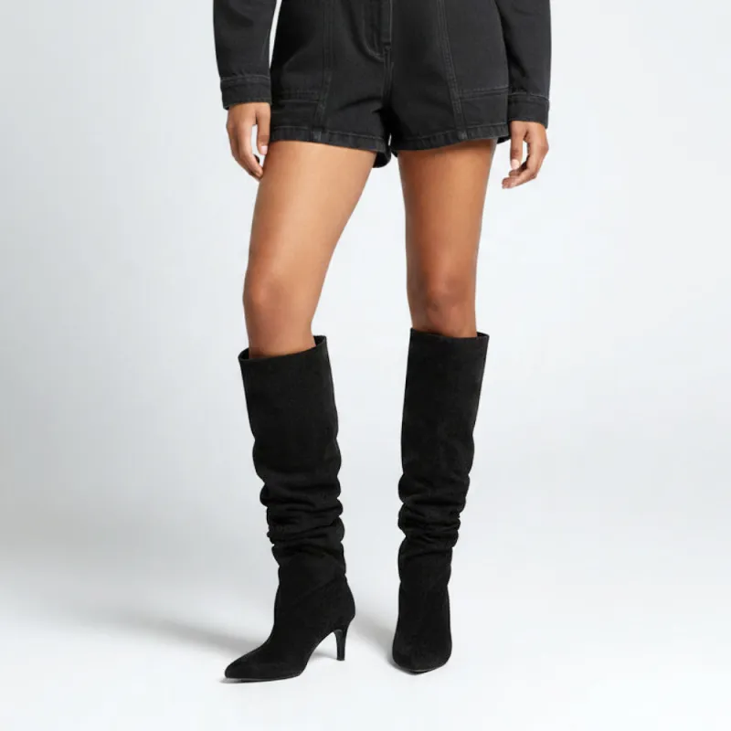 Lauri Ruched Pointed Toe Knee High Stiletto Heel Boots in Black Microfibre made by XYlondon