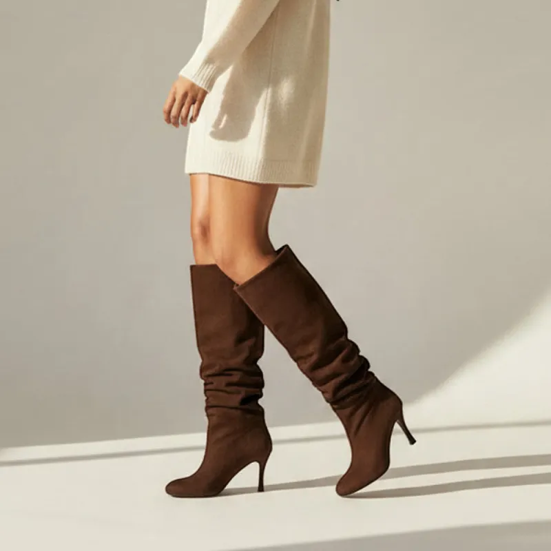 Livia Round Toe Slouchy Ruched Knee High Stiletto Boots in Chocolate Microfibre made by XYlondon