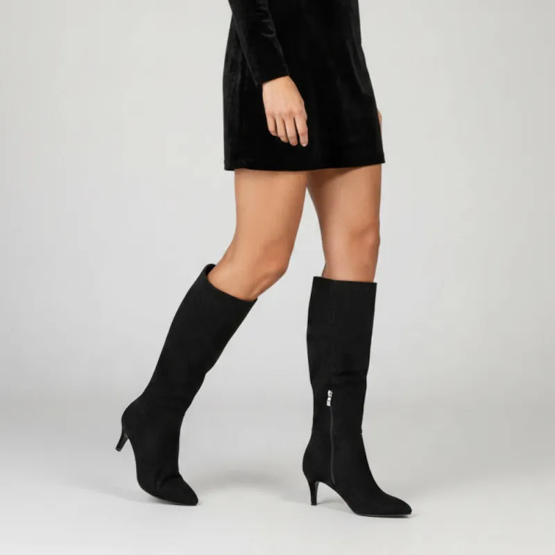 Narla Pointed Toe Mid Stiletto Heel Knee High Boots in Black Faux Suede made by XYlondon