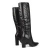 Opal Black Synthetic Leather Statement Knee High Pointed Toe Block Heeled Long Boots sold by XYlondon