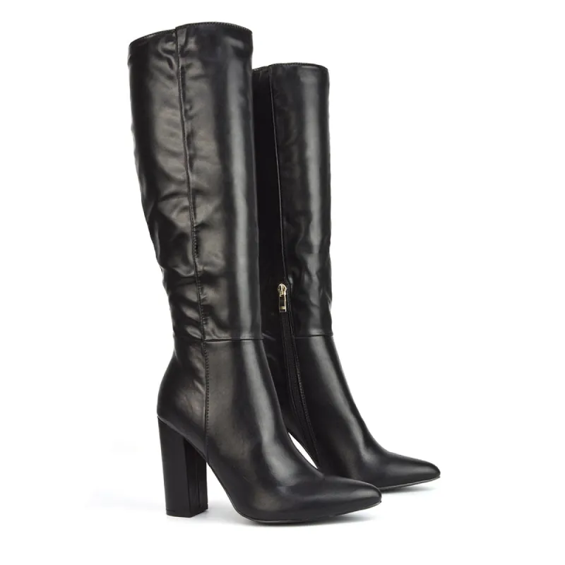 Opal Black Synthetic Leather Statement Knee High Pointed Toe Block Heeled Long Boots sold by XYlondon