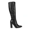 Opal Black Synthetic Leather Statement Knee High Pointed Toe Block Heeled Long Boots sold by XYlondon