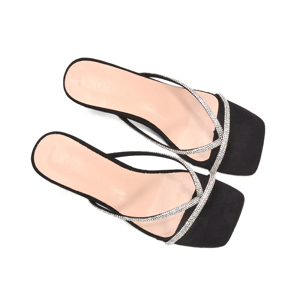 Melody Slip On Sparkly Diamante Mid Kitten Heel Sandal Mules in Black Faux Suede sold by XYlondon product image thumbnail 2