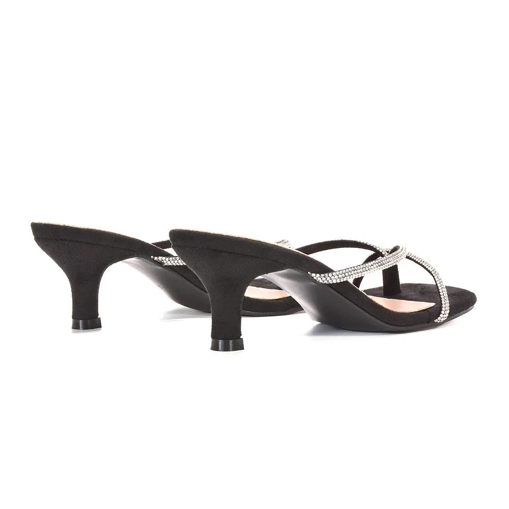 Melody Slip On Sparkly Diamante Mid Kitten Heel Sandal Mules in Black Faux Suede sold by XYlondon product image thumbnail 3