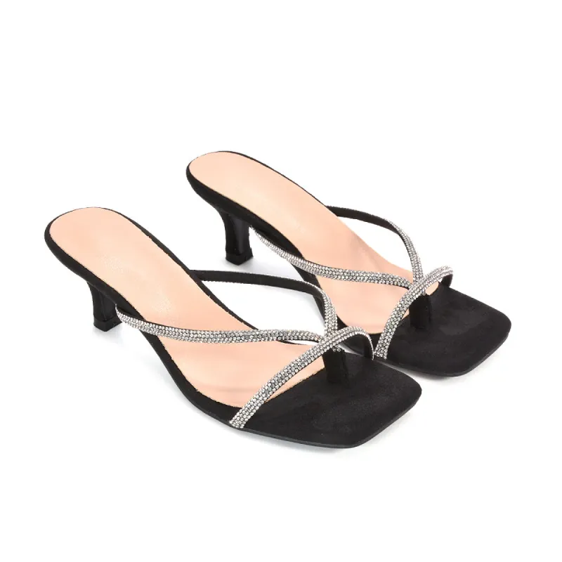 Melody Slip On Sparkly Diamante Mid Kitten Heel Sandal Mules in Black Faux Suede sold by XYlondon