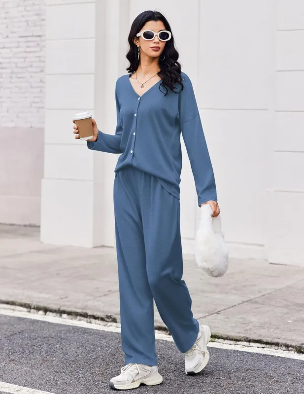 Waffle Knit Pajamas Long Sleeve Lounge Set sold by Ekouaer