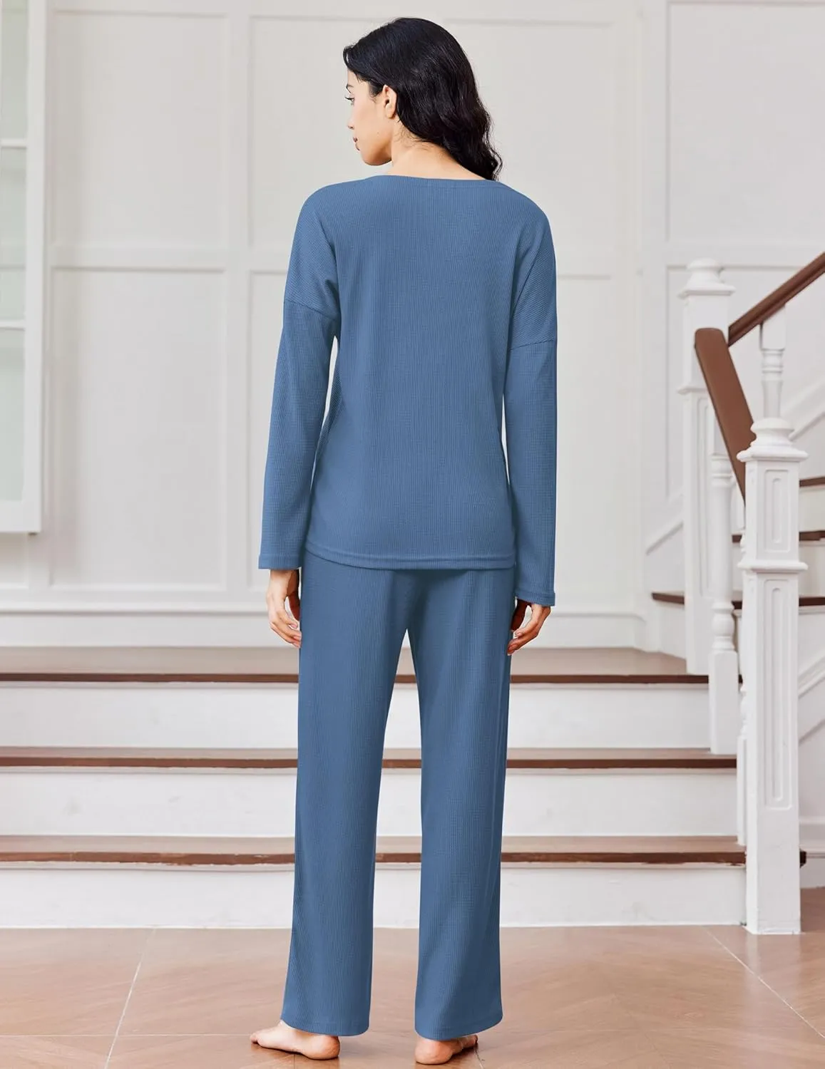 Waffle Knit Pajamas Long Sleeve Lounge Set sold by Ekouaer product image thumbnail 3