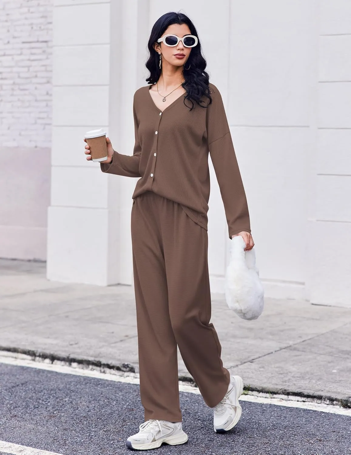Waffle Knit Pajamas Long Sleeve Lounge Set sold by Ekouaer product image thumbnail 4