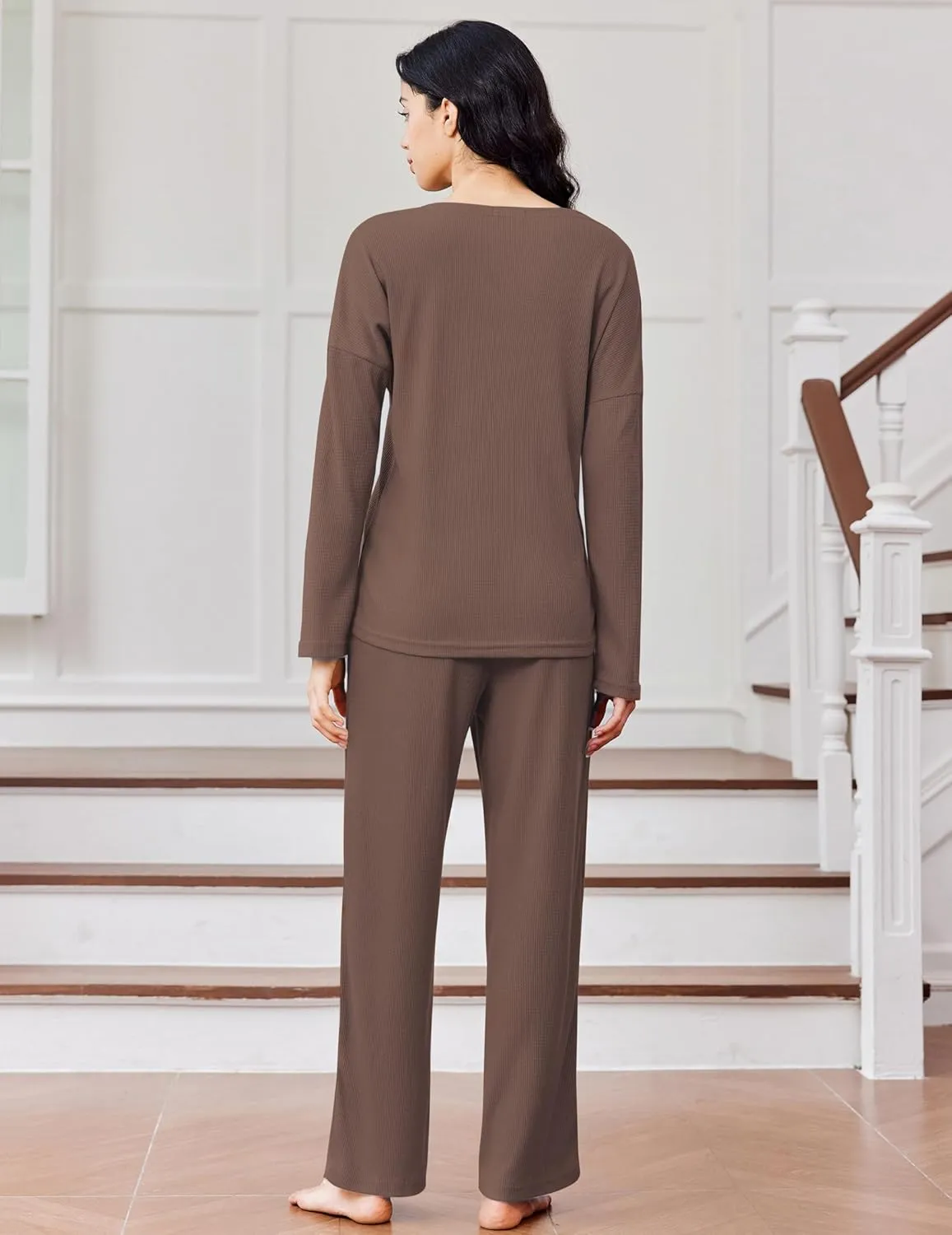 Waffle Knit Pajamas Long Sleeve Lounge Set sold by Ekouaer product image thumbnail 5