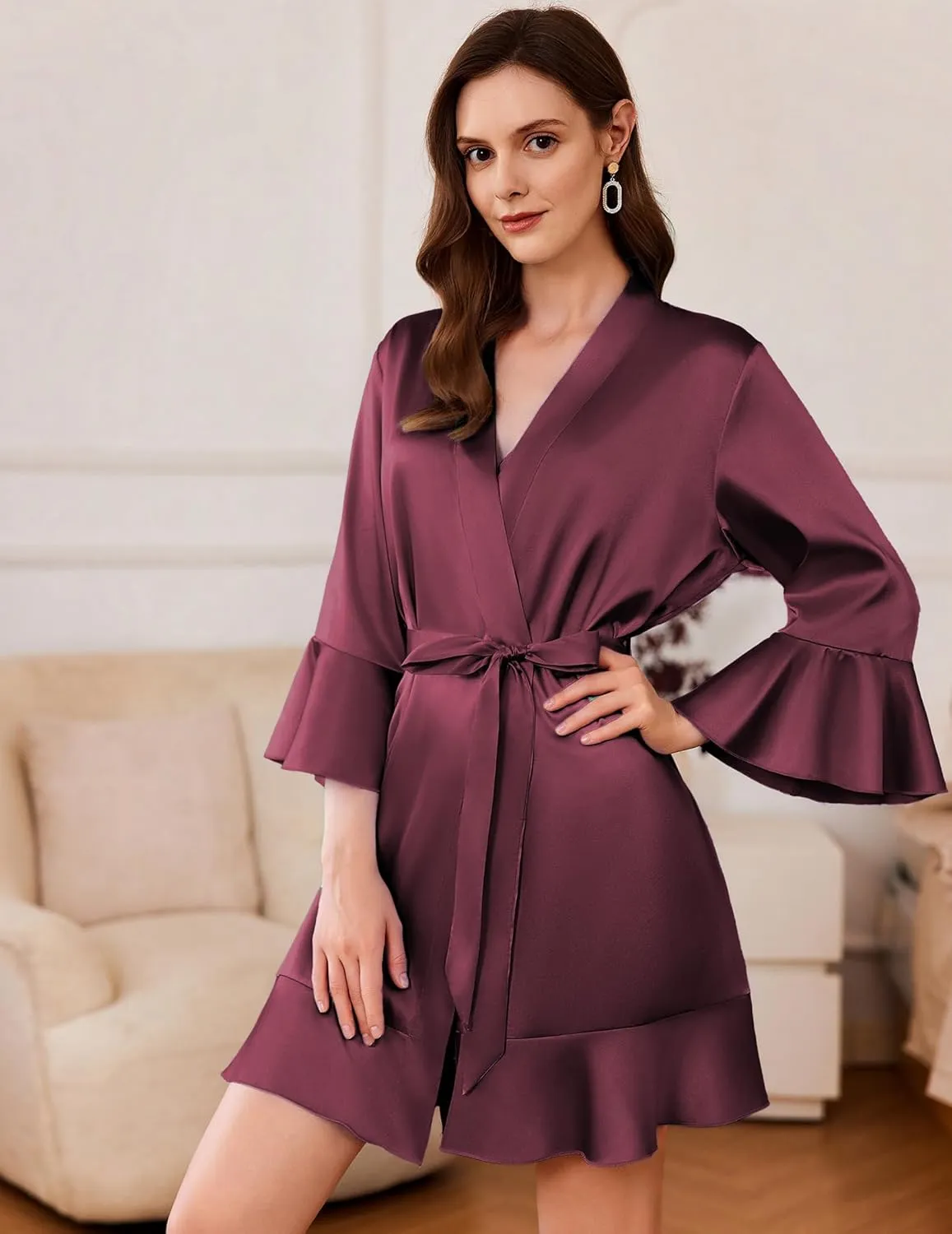 Satin Robe Short Ruffle Hem Silky Kimono Brides Bathrobes sold by Ekouaer product image thumbnail 5