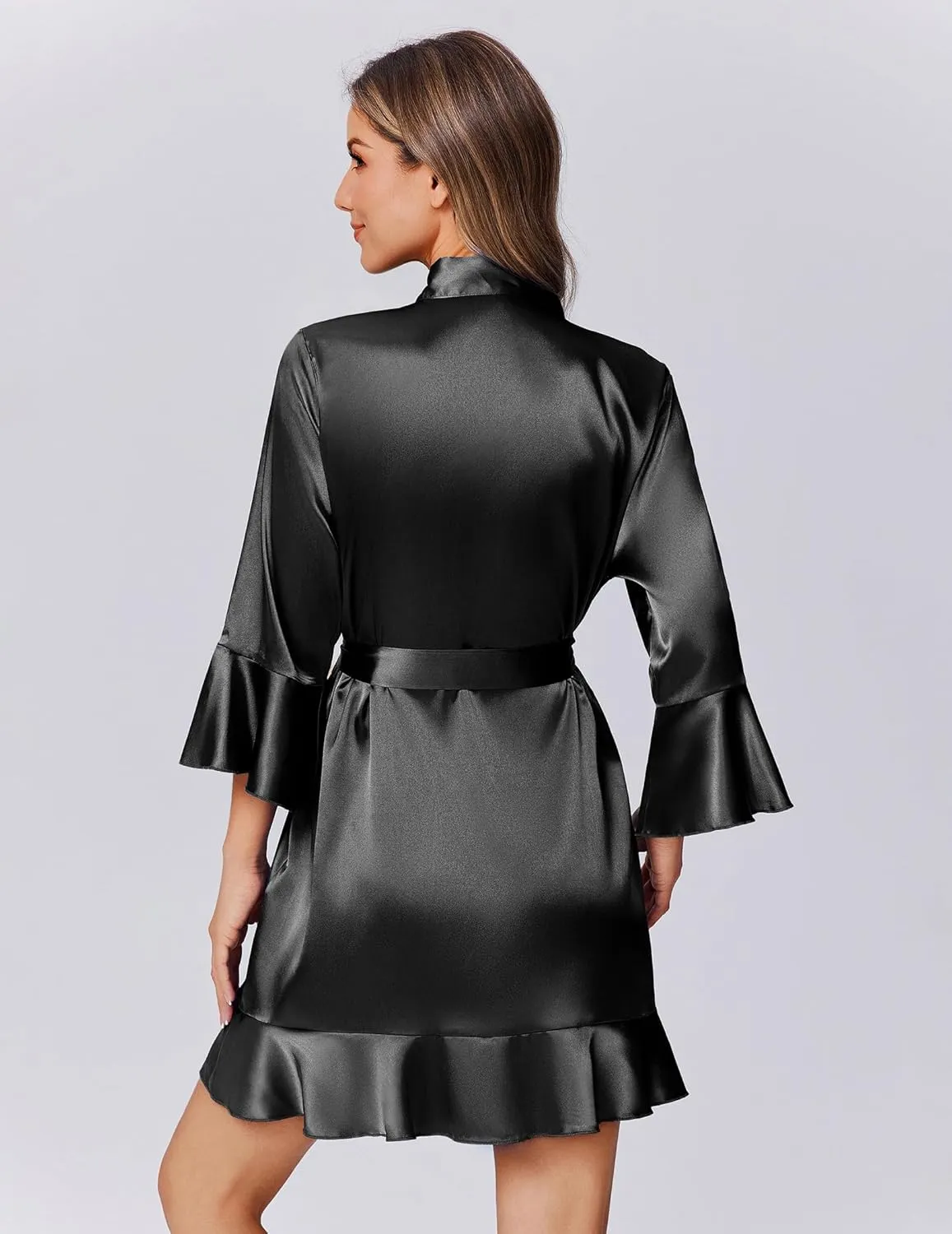 Satin Robe Short Ruffle Hem Silky Kimono Brides Bathrobes sold by Ekouaer product image thumbnail 2