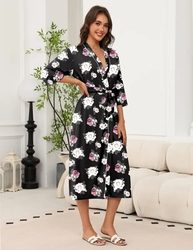 Long Knit Bathrobe Lightweight 3/4 Sleeves Kimono Robe made by Ekouaer