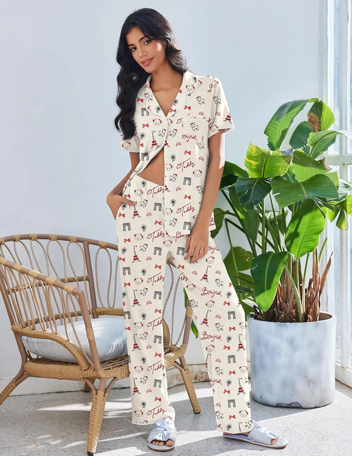 Button Up Soft Pjs Short Sleeve 2 Piece Lounge Sets sold by Ekouaer product image thumbnail 5
