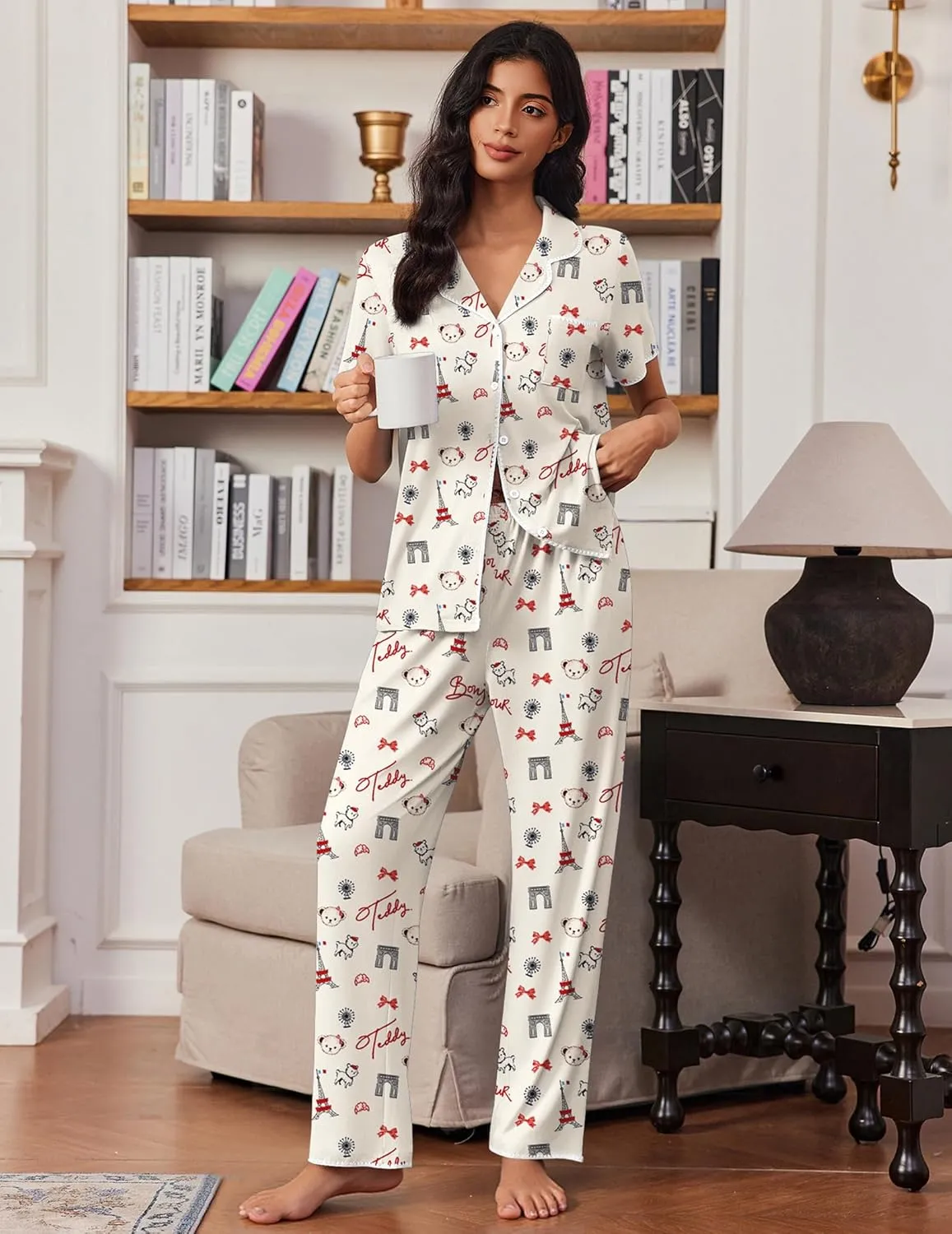 Button Up Soft Pjs Short Sleeve 2 Piece Lounge Sets sold by Ekouaer product image thumbnail 4