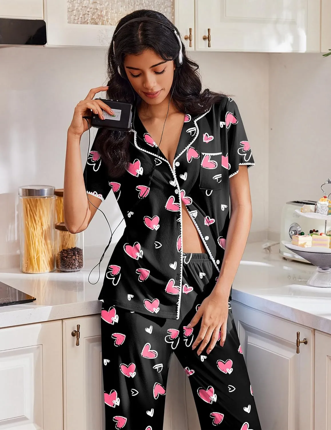 Button Up Soft Pjs Short Sleeve 2 Piece Lounge Sets sold by Ekouaer product image thumbnail 2