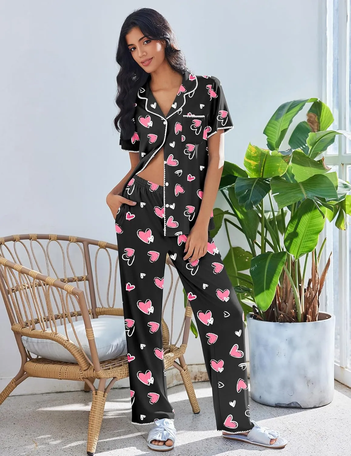 Button Up Soft Pjs Short Sleeve 2 Piece Lounge Sets sold by Ekouaer product image thumbnail 3