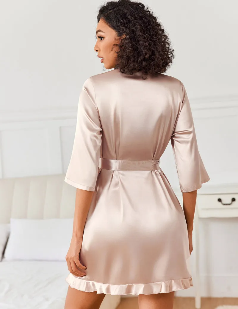 Satin Robes Silk Kimono Short Ruffled Hem Bride Robe sold by Ekouaer product image thumbnail 4