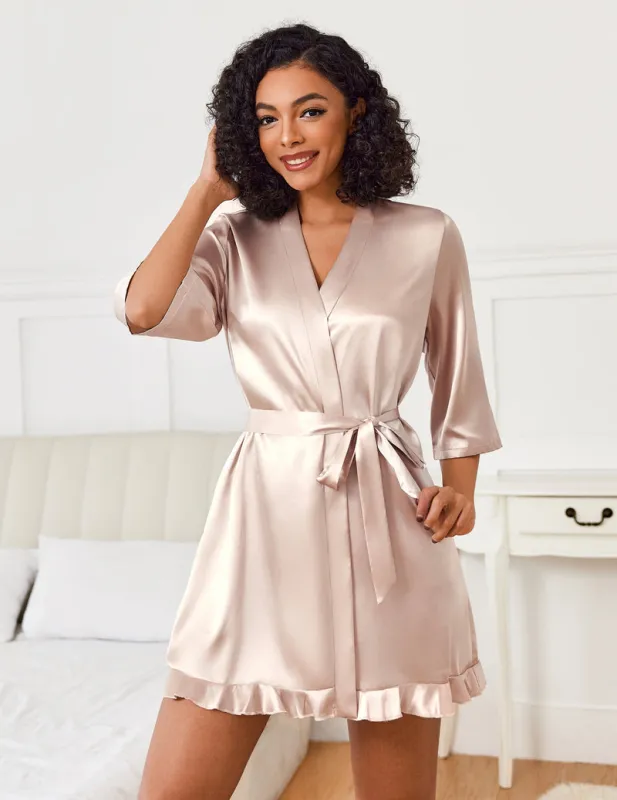 Satin Robes Silk Kimono Short Ruffled Hem Bride Robe made by Ekouaer