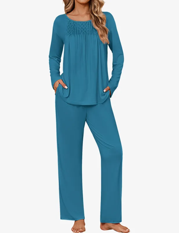 Long Sleeve Pleated Pjs Sets Comfy 2 Piece Lounge Set sold by Ekouaer