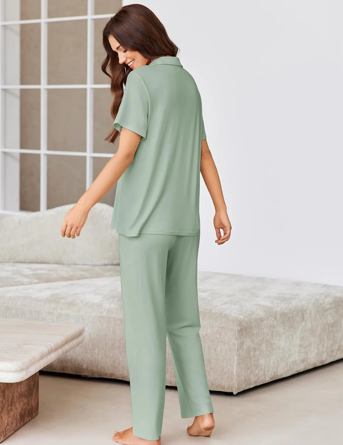 2 Piece Short Sleeve PJ Top and Long Pants Loungwear sold by Ekouaer product image thumbnail 3