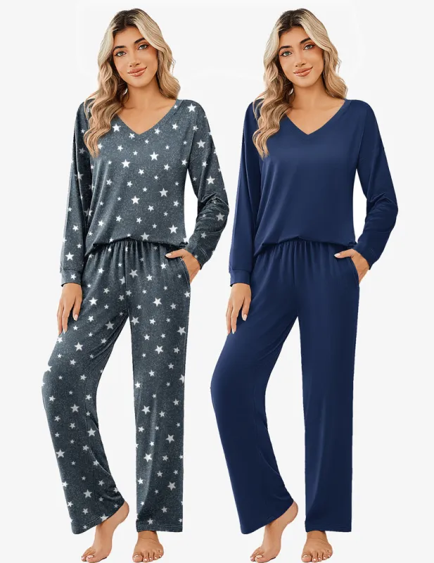 2 Pack Pajama Sets Long Sleeve Pajamas Top and Pants sold by Ekouaer