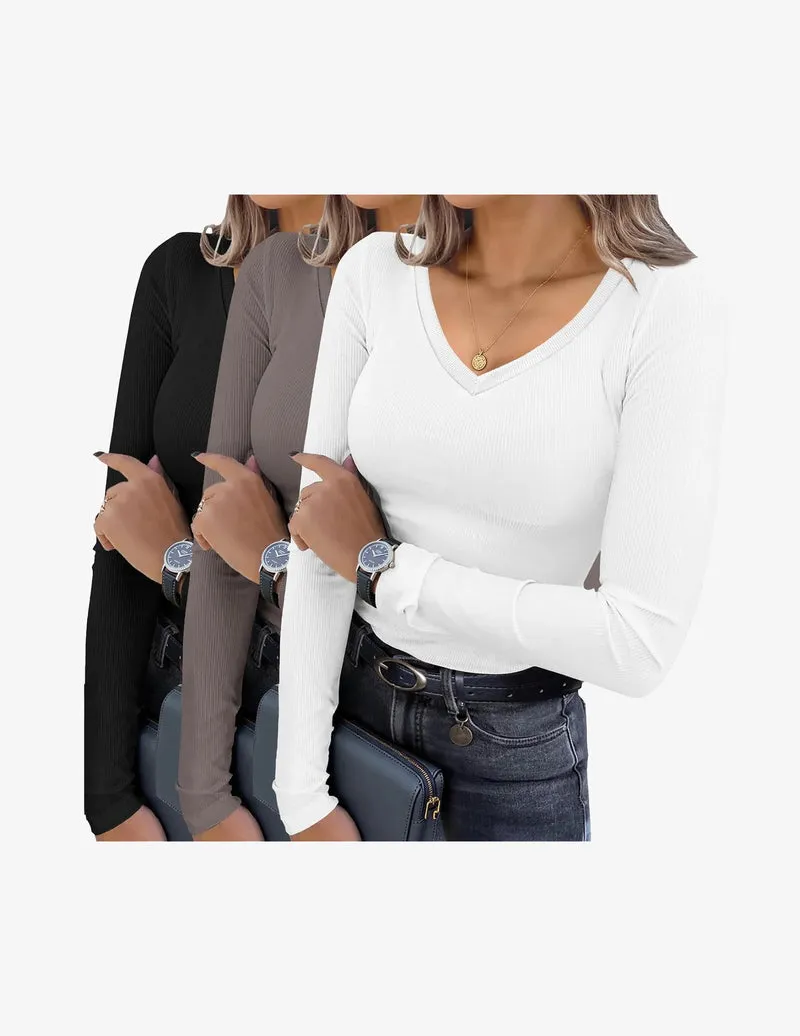 3 Pack Long Sleeve Shirts V Neck Ribbed Slim Fit Basic Tops sold by Ekouaer