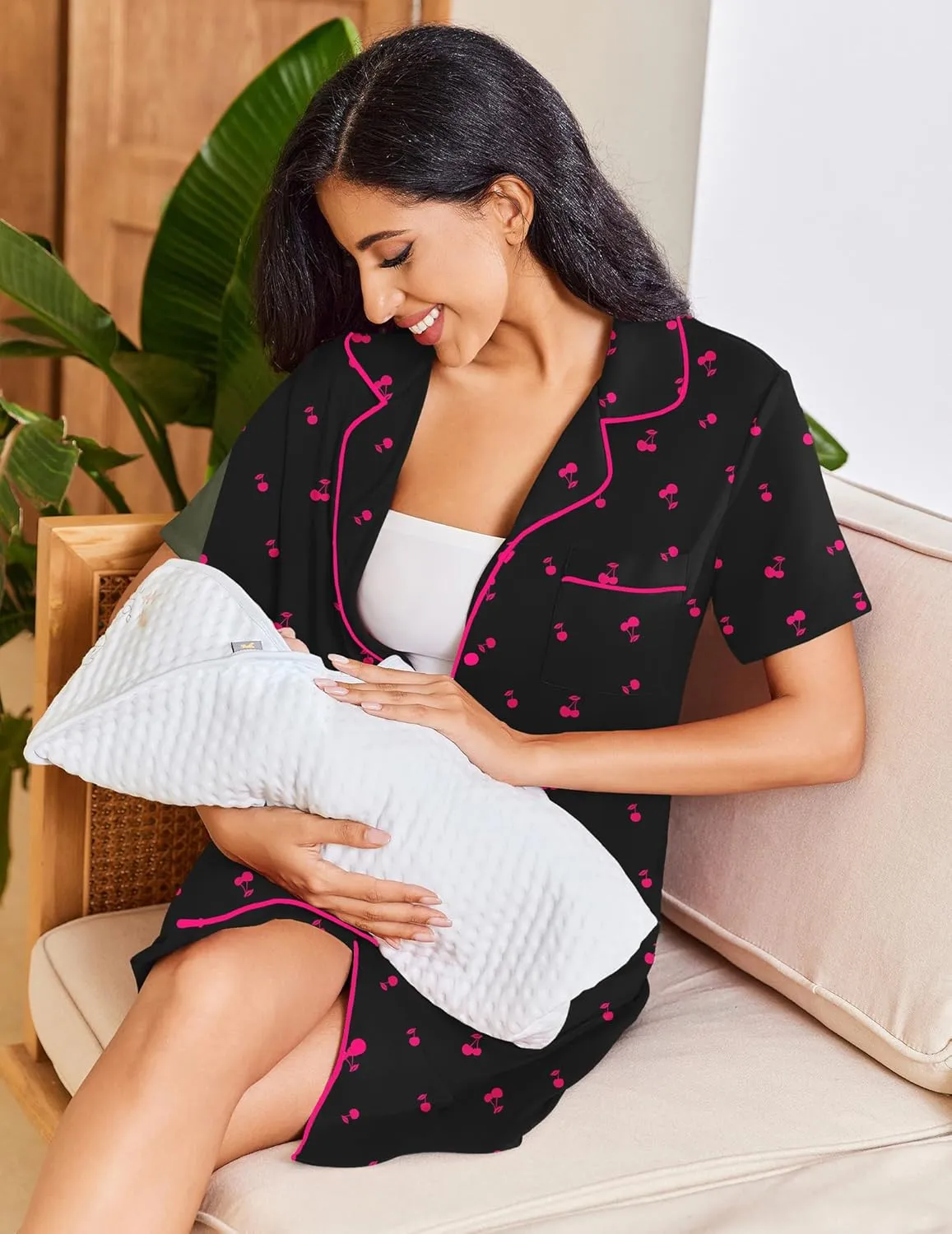 Button Down Night Gowns Short Sleeve Sleepshirt sold by Ekouaer product image thumbnail 2